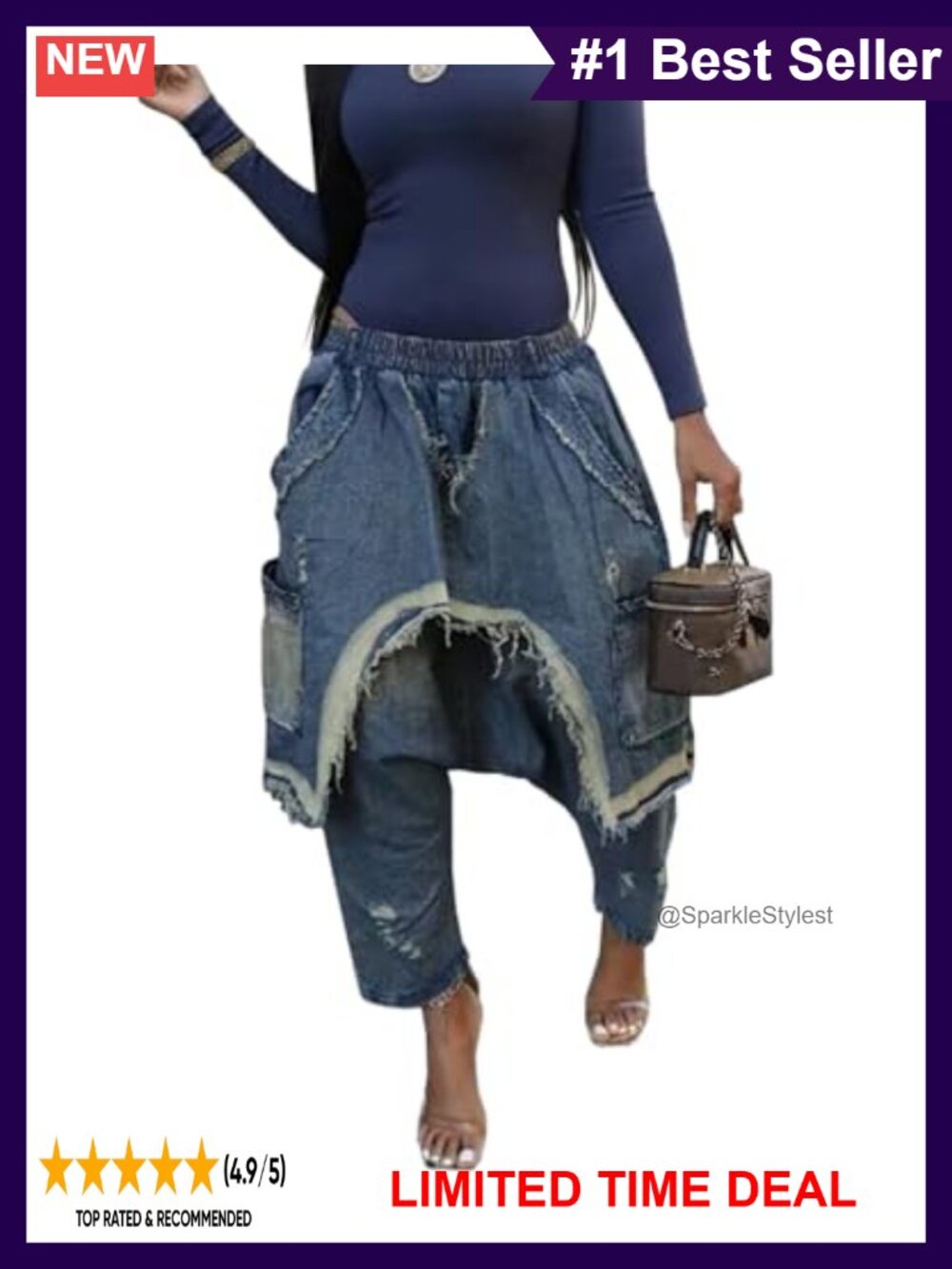 High Waisted Stretchy Wide Leg Distressed Harem Jeans
